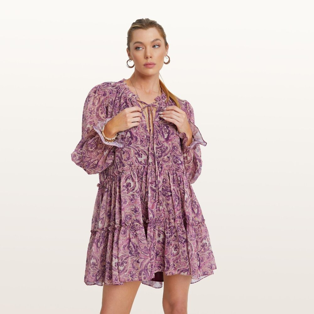 Pink Paisley Mini Dress Boho Long Sleeve Ruffle Dress